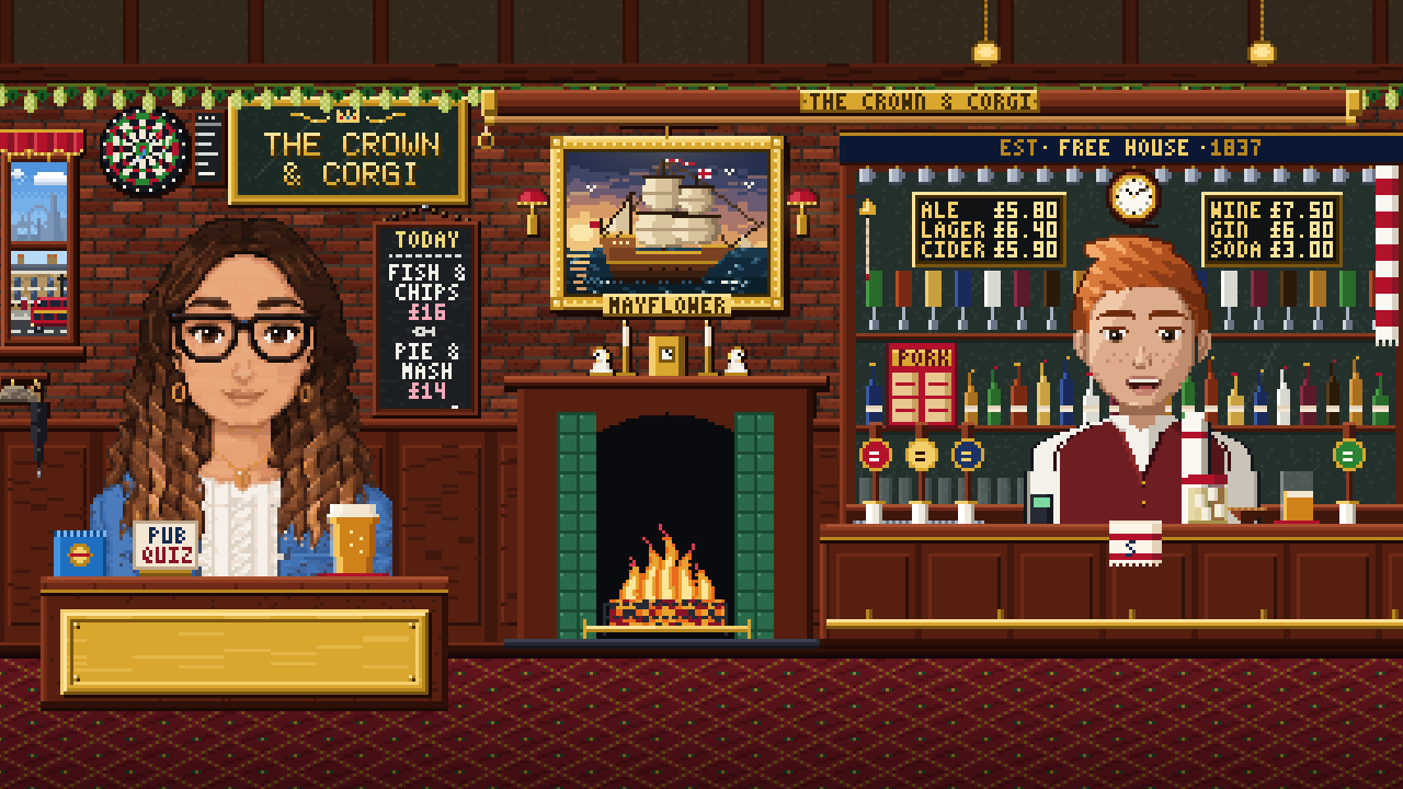 Bia at a table in The Crown & Corgi pub, drawn in pixel art