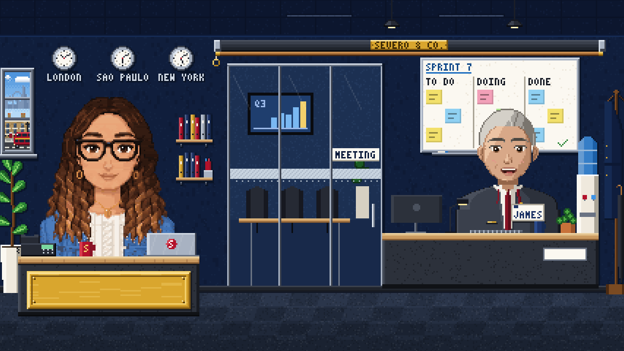 Bia at her desk in the Severo & Co. office, drawn in pixel art