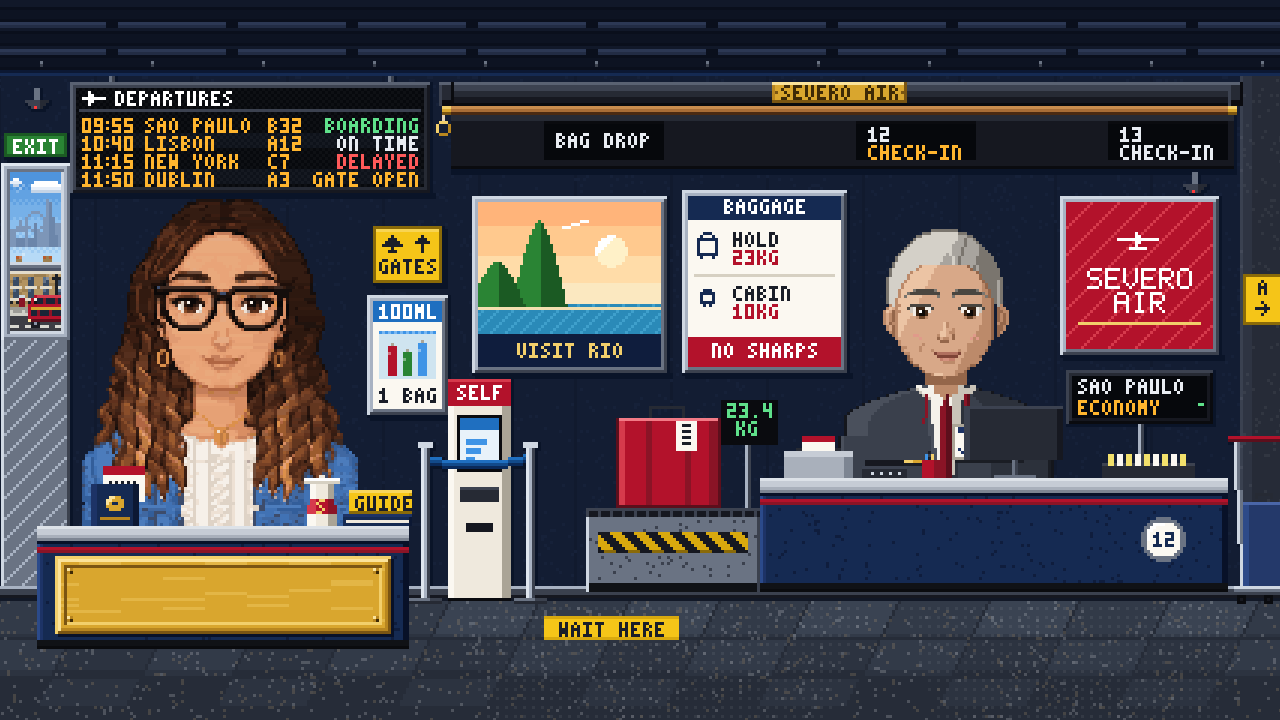 Bia at the airport check-in desk, drawn in pixel art