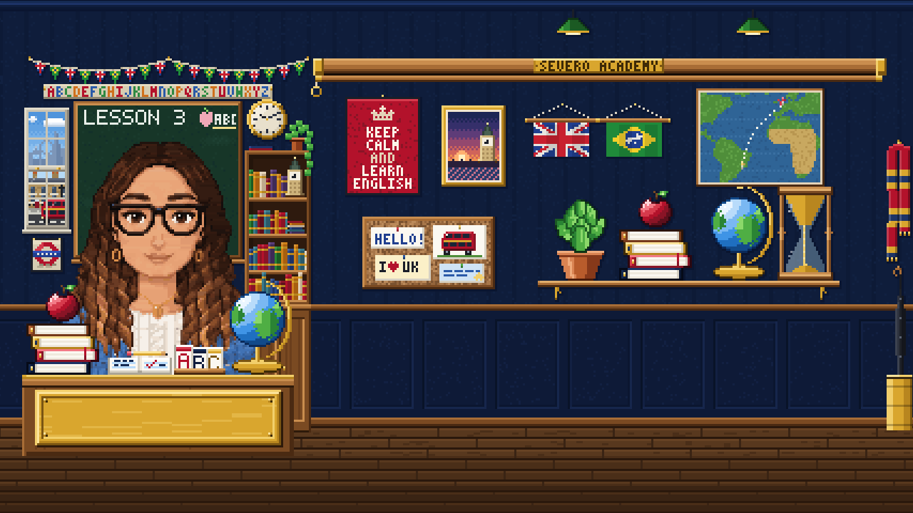 Bia at her desk in the Lesson Time classroom, drawn in pixel art