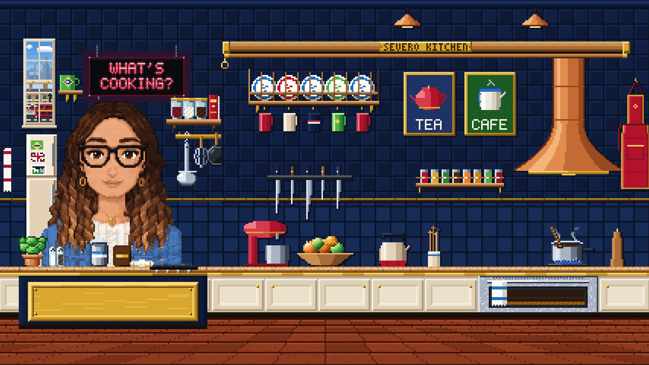 Bia in the What's Cooking? kitchen, drawn in pixel art